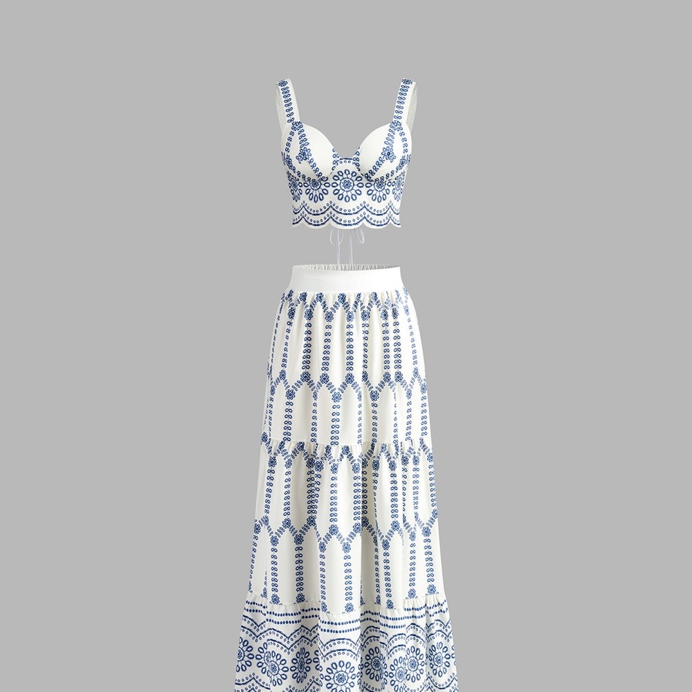 Commense White and Blue Embroidered Crop Top & Maxi Skirt Set